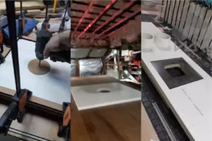 Мастер формует чашу мойки из белого акрилового камня на матрице перед вклейкой в столешницу в цеху.